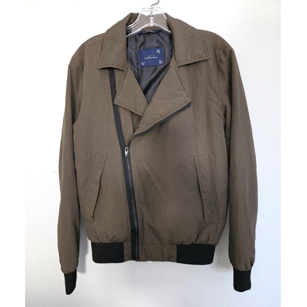 Zara Basic Man Asymmetric Zip Lightweight Olive Green Bomber Jacket Small